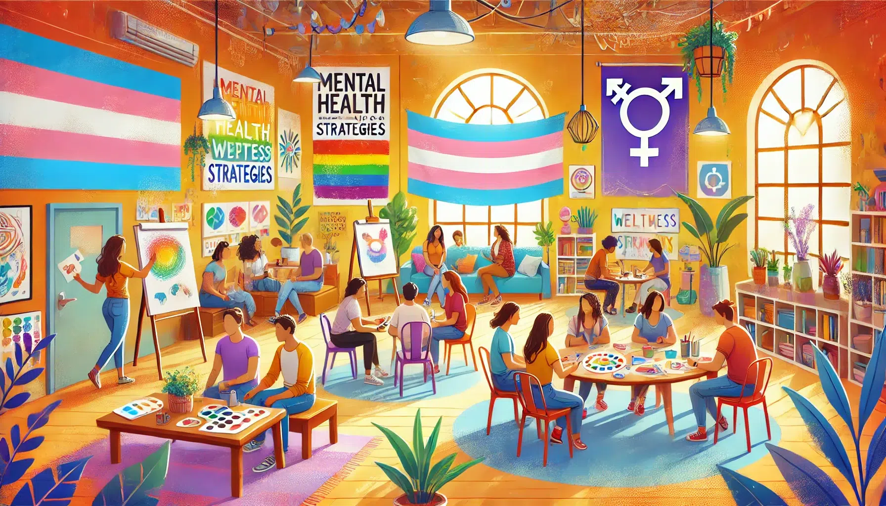 DALL·E 2024 06 23 17.07.41 A vibrant community center representing mental health and wellness strategies for transgender individuals. The setting is bright and welcoming with c